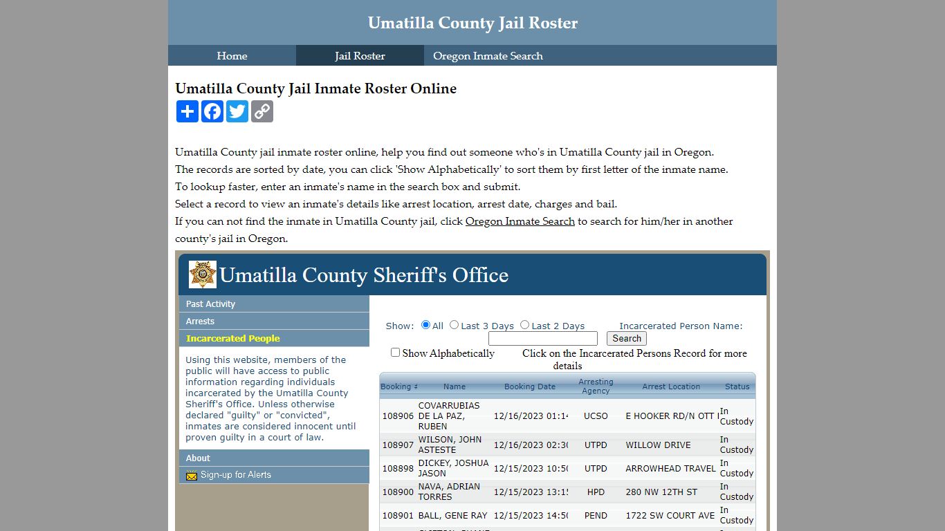 Umatilla County Jail Inmate Roster Online - Oregon Inmate Search